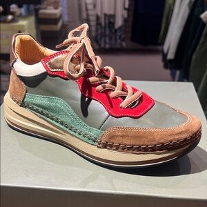 Spring Step Multicolor Leather & Suede Lace-Up Sneaker — Green, Red, Brown